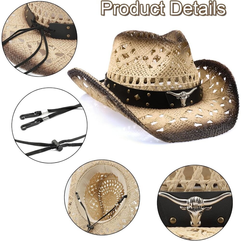 Women's Straw Wide with Shapeable Brim Cowboy Hat White/Black Almond & Coffee - Picture 3 of 6